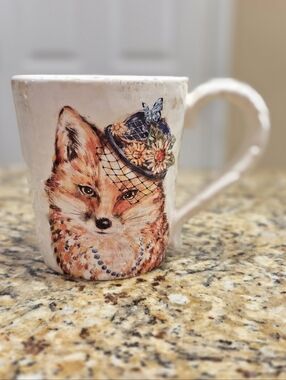 Vtg Pier 1 Imports Ironstone Fox Mug 4.5 in. Fancy Hat Feather Handle 16 Oz